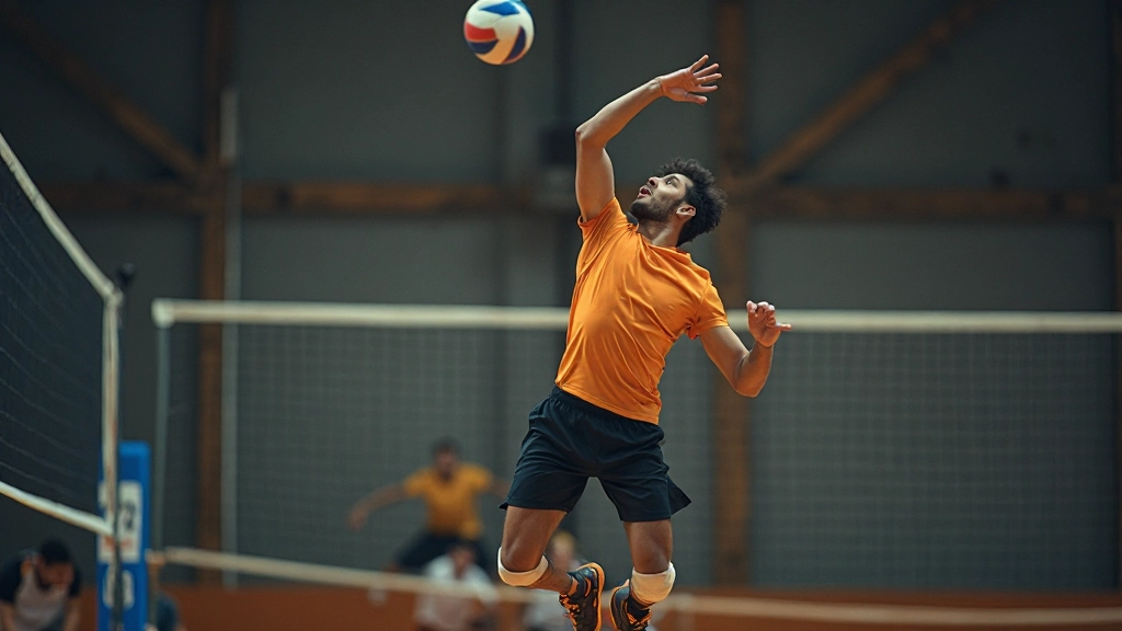 لاعب كرة طائرة في منتصف القفز أثناء تنفيذ الضربة الساحقة مع ارتفاع واضح