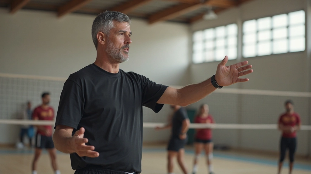 مدرب كرة طائرة يوضح الحركة الصحيحة للضربة الساحقة لمجموعة من اللاعبين