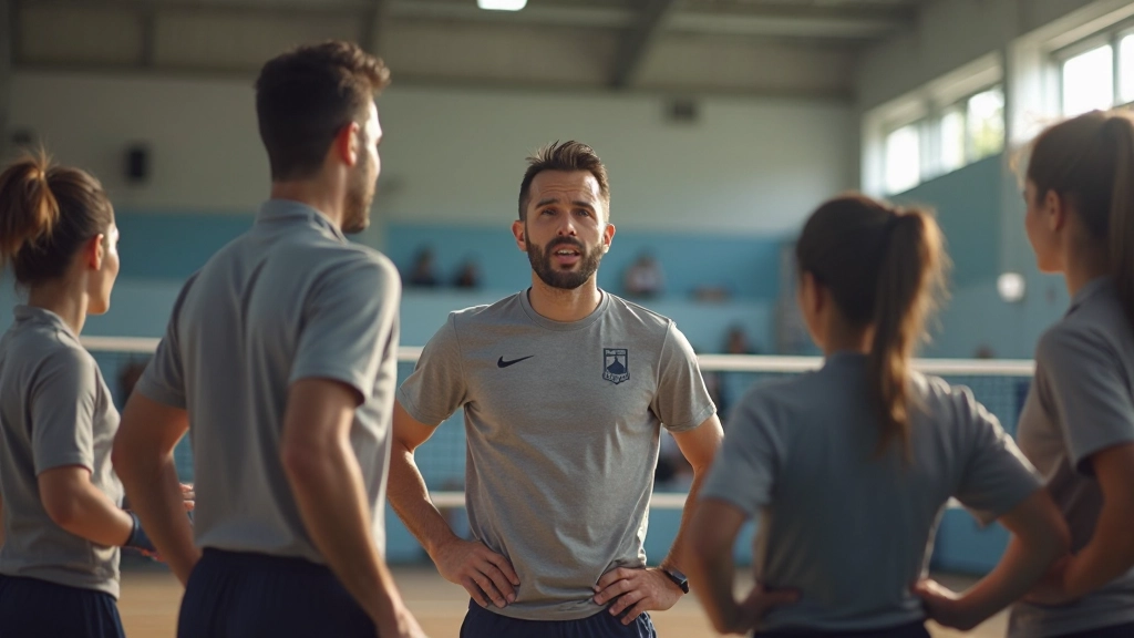 مدرب كرة طائرة يعطي توجيهات واضحة لفريقه أثناء التدريب مع مراقبة تنفيذ التمارين