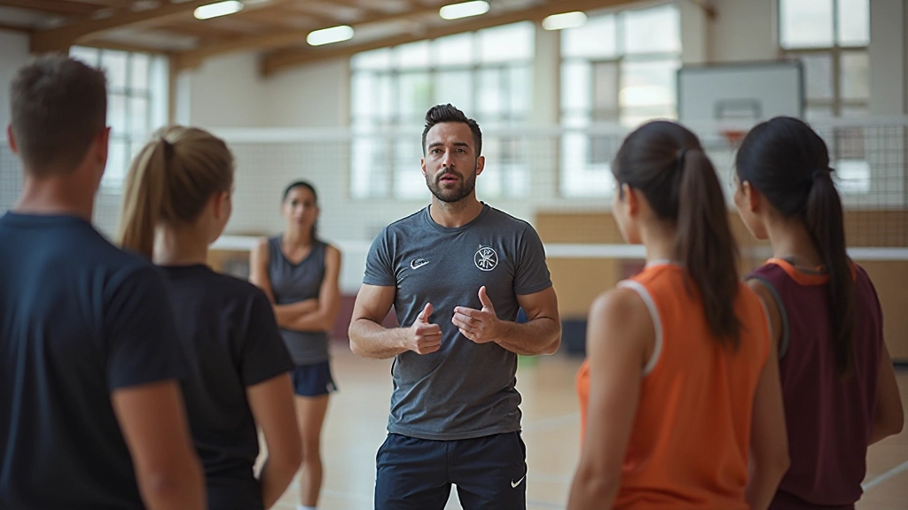 مدرب كرة طائرة يقدم تعليمات لفريق من الرياضيين في صالة حديثة