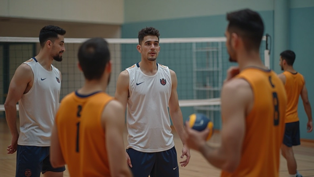 مجموعة من لاعبي كرة الطائرة يتدربون على تقنيات الاستقبال تحت إشراف مدرب محترف